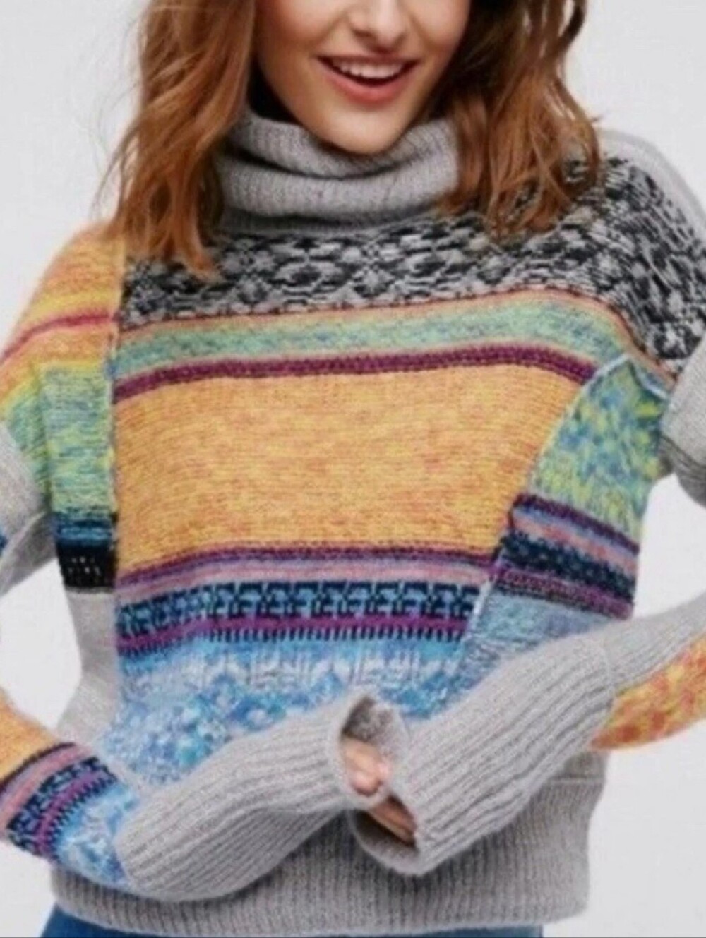 Free People This and That Stripe Multicolor Mix Print Knit Turtleneck Sweater M - Picture 2 of 10